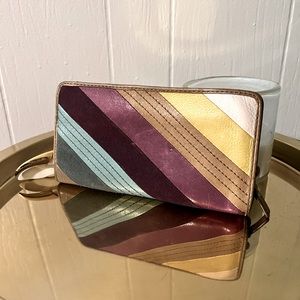 Rainbow Fossil Leather and Suede Wallet - blue, magenta, yellow, cream, tan
